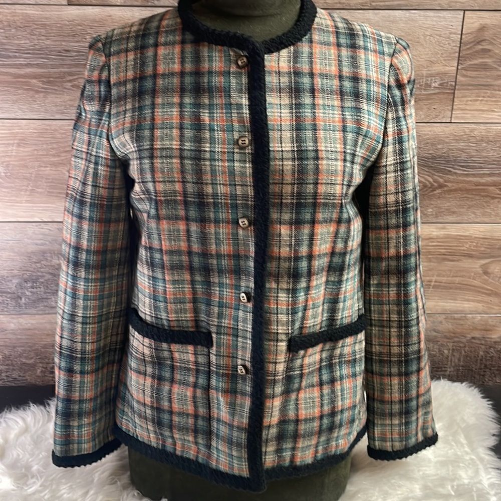 Wool Dress Jacket Blazer Satinlike Lining,Vintage, Forest Green Plaid